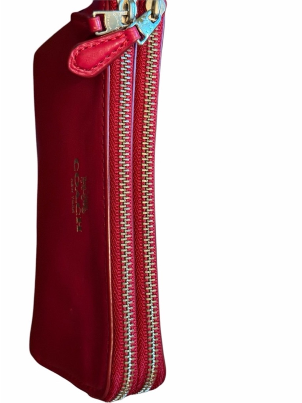 Coach Red Leather Wristlet Clutch with Gold Logo Double Zipper - Picture 10 of 11